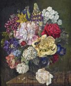 19thC oil on board still life study of a glass filled with flowers, 37 x 30cm, in period gilt frame