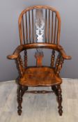 19thC elm seated Windsor armchair with gnurled armrests