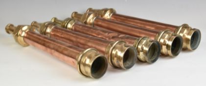Five vintage brass and copper fire hose nozzles, to include Mather & Platt