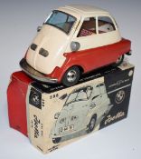 Bansai Japan friction powered tinplate BMW Isetta bubble car with cream and red body and chrome
