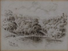 18th / 19thC watercolour of lake view with country house to the background, signed to foreground