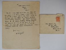 William Butler Yeats (W B Yeats) signed autograph letter addressed to Ivor Gurney, advising him to