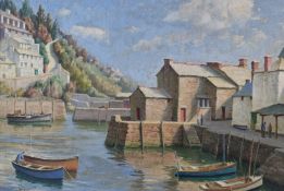 Herbert Truman (1883-1957) oil on board, Polperro, Cornish harbour scene with boats in the harbour
