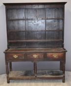 Antique oak dresser with plate rack above, W144 x D42 x H190cm