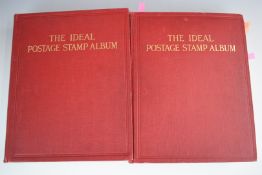 Two Ideal postage stamp albums in a leather case containing a GB, Commonwealth and World stamp