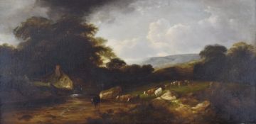 Victorian oil on canvas highland or similar landscape with cattle fording a river and mill on the