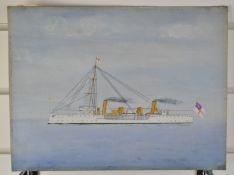 Late 19th or early 20thC oil on paper study of a Royal Navy steam ship flying the white ensign,