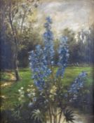 Oil on canvas garden landscape with flowers to foreground, indistinctly signed lower left, 58 x
