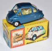 Corgi Toys diecast model Heinkel Economy Car with blue body and lemon interior, 233, in original