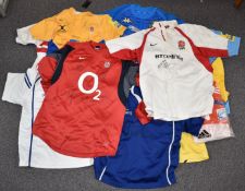 Twelve rugby shirts including signed Samoa and England, referees shirts including signed Wayne