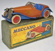 Meccano clockwork tinplate Two-Seater Sports Car with red body and hubs and blue wheel arches,