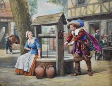 Pillard continental watercolour lady sitting on a well as a gentleman with sword is bringing up