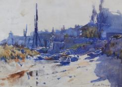William Frederick (Fred) Mayor (1866-1916) watercolour harbour scene at low tide, signed lower