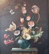 Oil on board of still life vase of flowers with dragonfly or similar, 52 x 46cm, in gilt frame