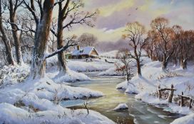 Peter Cosslett (born 1927) oil on canvas thatched cottage beyond a lake in the snow, with figures