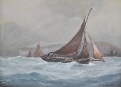 Frederick James Aldridge (1850-1933) watercolour sailing ships in choppy seas with cliffs beyond,