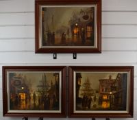 Don Hughes / Delon three oil on canvas dockside scenes with figures, carriages and shops at evening,