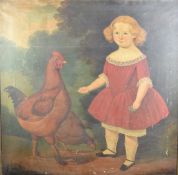 19thC English Naive school oil on canvas girl with cockerel and hen, 95 x 95cm, in ornate gilt