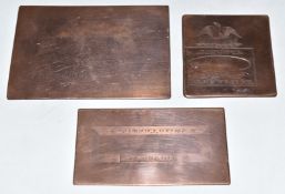 Three Nailsworth interest copper printing plates including chemists, largest 9 x 6.5cm