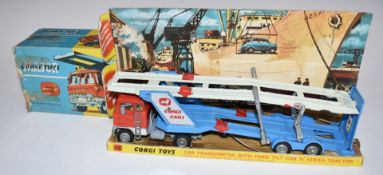Corgi Major Toys diecast model Car Transporter with Ford Tilt Cab 'H' Series Tractor with red and