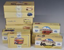 Ten Corgi diecast model buses including Commercials, Public Transport etc, all in original boxes.