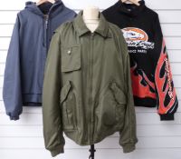 Three Harley Davidson motorcycle jackets including denim hoodie, 'Screamin Eagle Performance