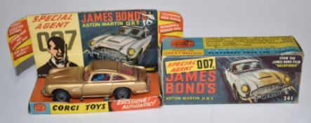 Corgi Toys diecast model James Bond 007 Aston Martin DB5 with gold body, red interior, spoked hubs
