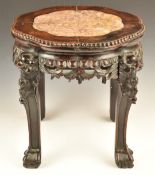 Chinese carved Padauk wood jardinière stand or side table, with inset marble top, beaded edge and
