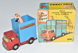 Corgi Toys diecast model Circus Giraffe Transporter With Giraffes with red body, lemon interior,