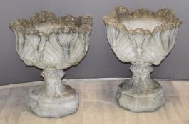 Pair of stone style garden planters with acanthus leaf decoration, diameter 51cm, height 59cm