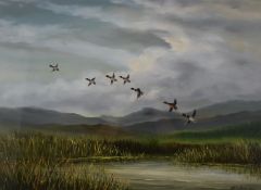 A H Braunston oil on canvas ducks in flight, 43 x 60cm, in gilt frame