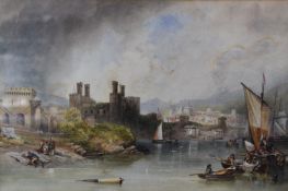 John Wilson Carmichael (1799-1868) watercolour landscape of Conway, including the castle, bridge and