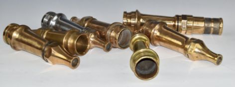 Seven vintage brass and chrome plated fire hose nozzles, comprising John Morris & Sons Ltd 'Ajax',