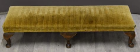 Six legged long footstool raised on short cabriole legs, length 104cm