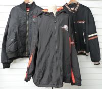 Three Harley Davidson motorcycle jackets comprising wool example, Live The Legend and 'Screamin