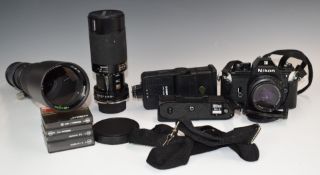 Nikon EM 35mm SLR camera outfit, including camera, fitted with 50mm 1:1.8 lens, Tamron 80-210mm 1: