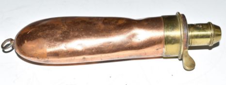 James Dixon & Sons Colt style copper and brass bag shaped powder flask with belt loop, 18cm long.