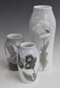 Three Royal Copenhagen vases comprising no 100/232 with white poppy and bud on reverse, no 1955/
