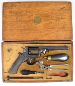 Adams .54 five-shot double action revolver with chequered wooden grips, line engraved frame