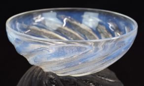 Lalique Poissons opalescent glass bowl decorated with spiralling fish, stamped 'R Lalique', 24cm