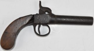 Unnamed percussion hammer action pocket pistol with engraved lock, wooden grip and 3 inch smooth