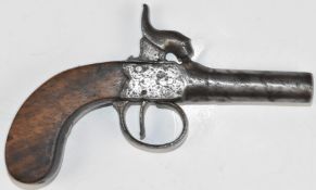 Unnamed percussion hammer action pocket pistol with engraved lock and trigger guard, wooden grip and