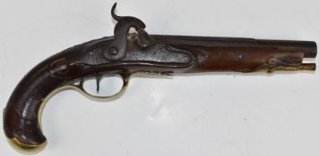 French percussion hammer action pistol with chequered bird head grip, brass trigger guard, butt