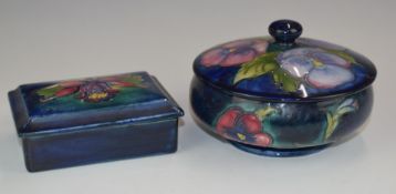 Moorcroft 1930s covered pedestal bowl decorated in the Pansy pattern and a rectangular covered
