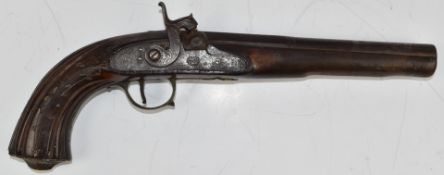 Percussion hammer action pistol with Eastern script impressed to the lock, engraved lock, hammer,