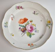 Berlin porcelain charger / large shallow dish with relief moulded basketware rim and hand-painted
