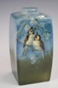 Royal Doulton Titanian ware vase of square ovoid form, hand decorated with Crested Tits and signed H
