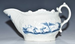 First period Worcester relief moulded cream jug in the Two Porters pattern, H 8cm