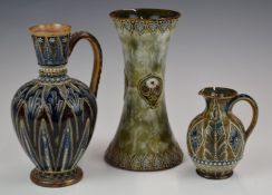 Royal Doulton art pottery ewer by Emily Stormer, small jug and a flared vase, possibly by Maude