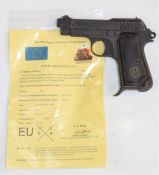 Deactivated Beretta 7.65mm semi-automatic pistol with monogrammed grips, spurred magazine, alignment